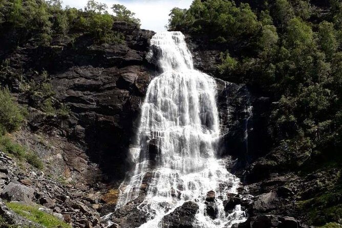 Bride's Veil and Steinsdalsfossen waterfalls with sceneries of Hardanger Fjord - Bryggen Hanseatic Wharf: medieval trade streets before the mist