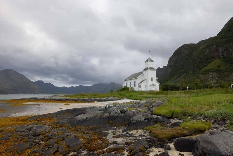 From Svolvaer: 2-Day Lofoten Highlights Photo Tour - North Lofoten day: Gimsøy Church, Haukland Beach, Vågan Church, Henningsvær, and Rørvik